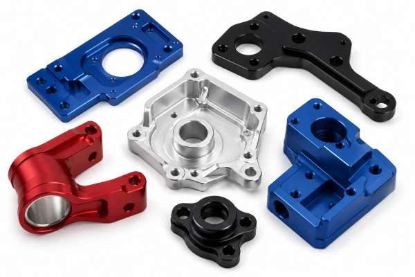 Anodized aluminum CNC machined parts in blue, red, and black finishes, featuring precision holes and milled structures, providing enhanced corrosion resistance and decorative surface on white background.