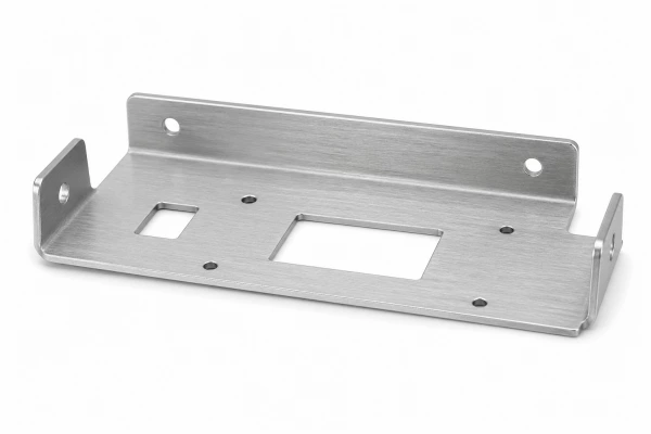 Brushed stainless steel sheet metal bracket with uniform linear grain texture, clean edges, and mounting holes, showcasing refined surface finish on white background.