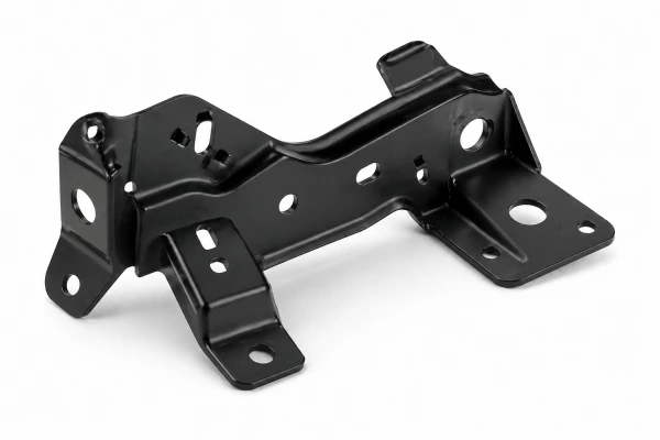 Black electrophoresis coated automotive metal bracket with semi-matte finish, stamped structure, bends, and mounting holes, offering strong corrosion protection on white background.