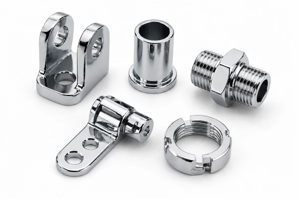 Chrome or nickel electroplated metal components including brackets and threaded fittings, featuring high-gloss reflective surface and corrosion-resistant finish on white background.