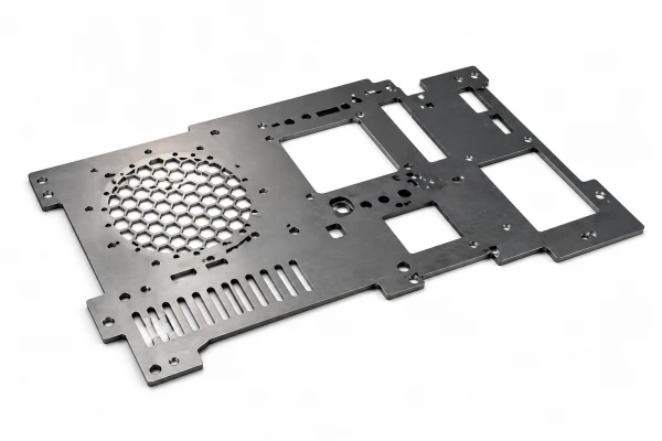 Precision laser cut sheet metal panel with complex perforations and custom cutouts for industrial enclosure applications