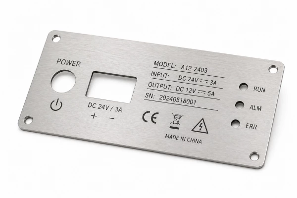 Laser engraved brushed metal control panel with clear markings, symbols, and serial numbers, demonstrating precise and permanent labeling on white background.