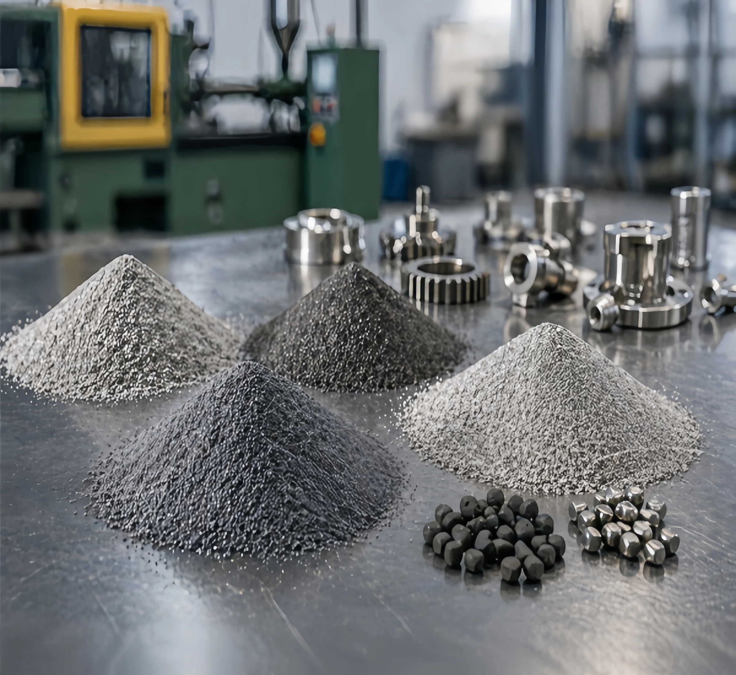 Different metal powders and feedstock materials used for metal injection molding with finished metal components in the background.