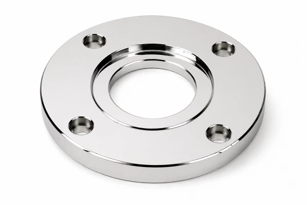 Mirror polished stainless steel flange with highly reflective surface, smooth edges, and precision machined holes, showing high-gloss finishing quality on white background.