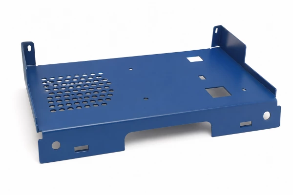 Blue painted sheet metal mounting plate with perforations and bent edges, featuring smooth coated surface for protection and industrial application on white background.
