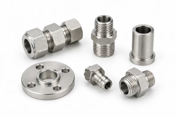 Passivated stainless steel precision machined fittings and components with clean matte silver surface, enhanced corrosion resistance and smooth finish on white background.