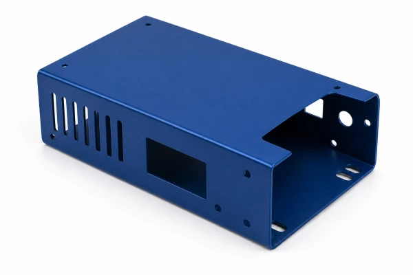 Powder coated blue metal enclosure with uniform matte finish, ventilation slots, and mounting holes, providing durable protective coating on white background.