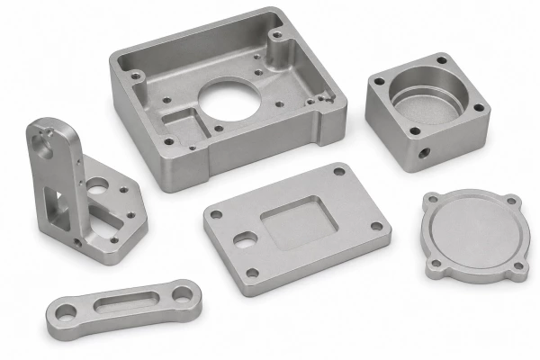 Sandblasted aluminum CNC machined parts with fine matte texture, uniform surface finish, and precision features, enhancing appearance and surface consistency on white background.