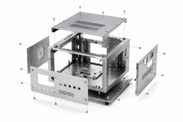 Sheet metal enclosure assembly exploded view showing custom fabricated panels, brackets and precision metal components for industrial applications
