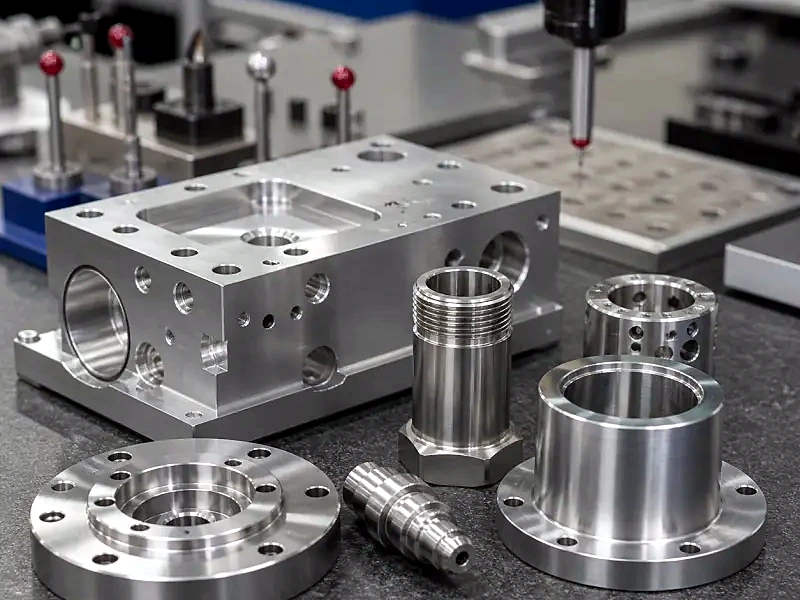Precision CNC machined metal parts prepared for CMM inspection