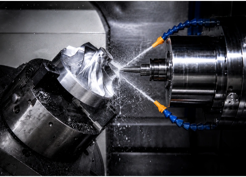 CNC machining process with coolant spray on a precision metal impeller part inside a machining center