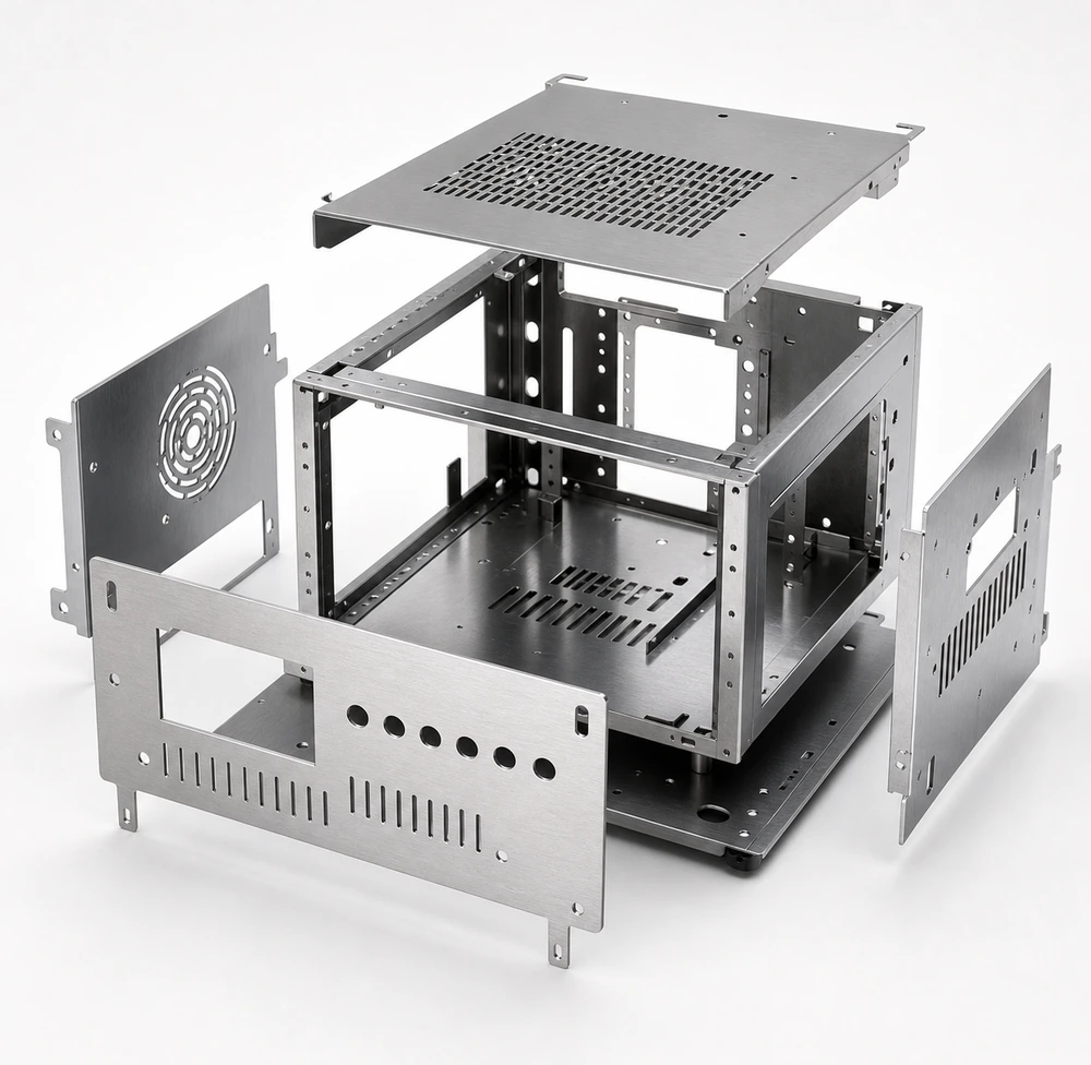 Premium cover image of an exploded sheet metal enclosure with laser-cut openings and bent metal panels, presented as a clean industrial product hero visual.