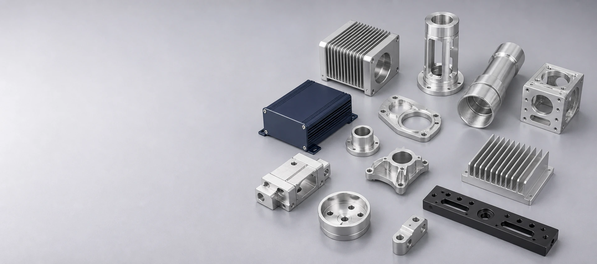 Custom CNC machined aluminum parts and anodized metal enclosures arranged on a clean studio background