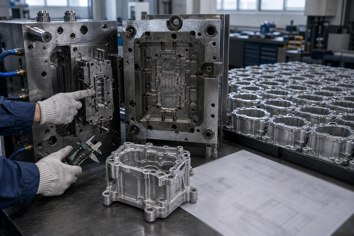 Die casting mold and repeated aluminum housings showing how tooling cost is amortized across production volume