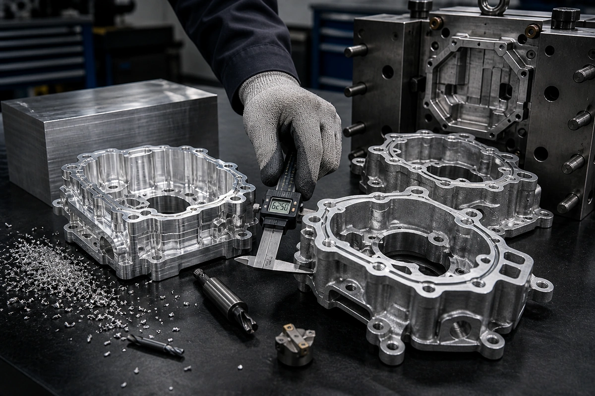 CNC-machined prototype compared with die-cast aluminum housings and selective post-machining