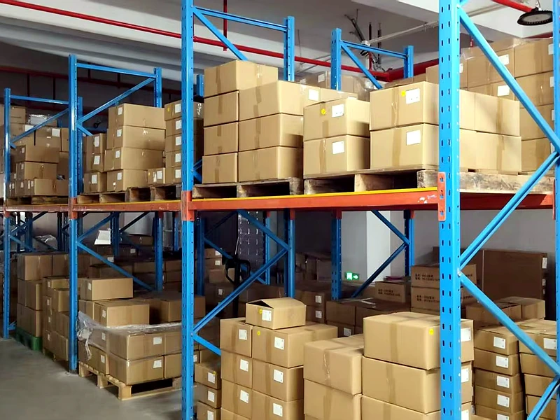 Packed metal parts orders stored on shelves ready for delivery
