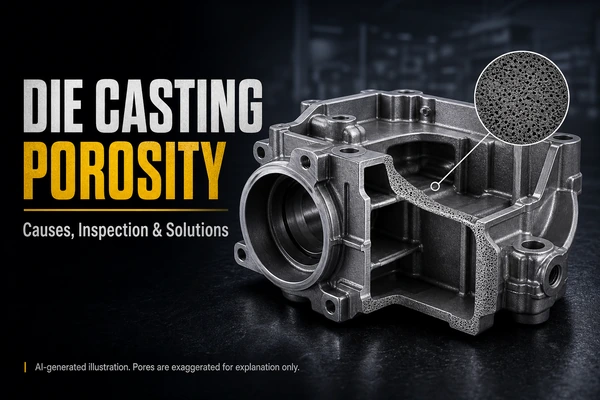 Die casting porosity blog cover showing aluminum HPDC housing with fine internal pores
