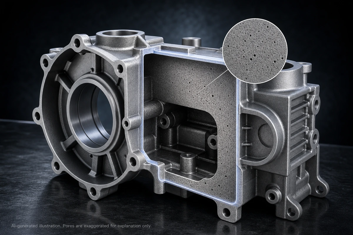 Aluminum die cast housing illustration showing fine internal porosity on a dark technical background