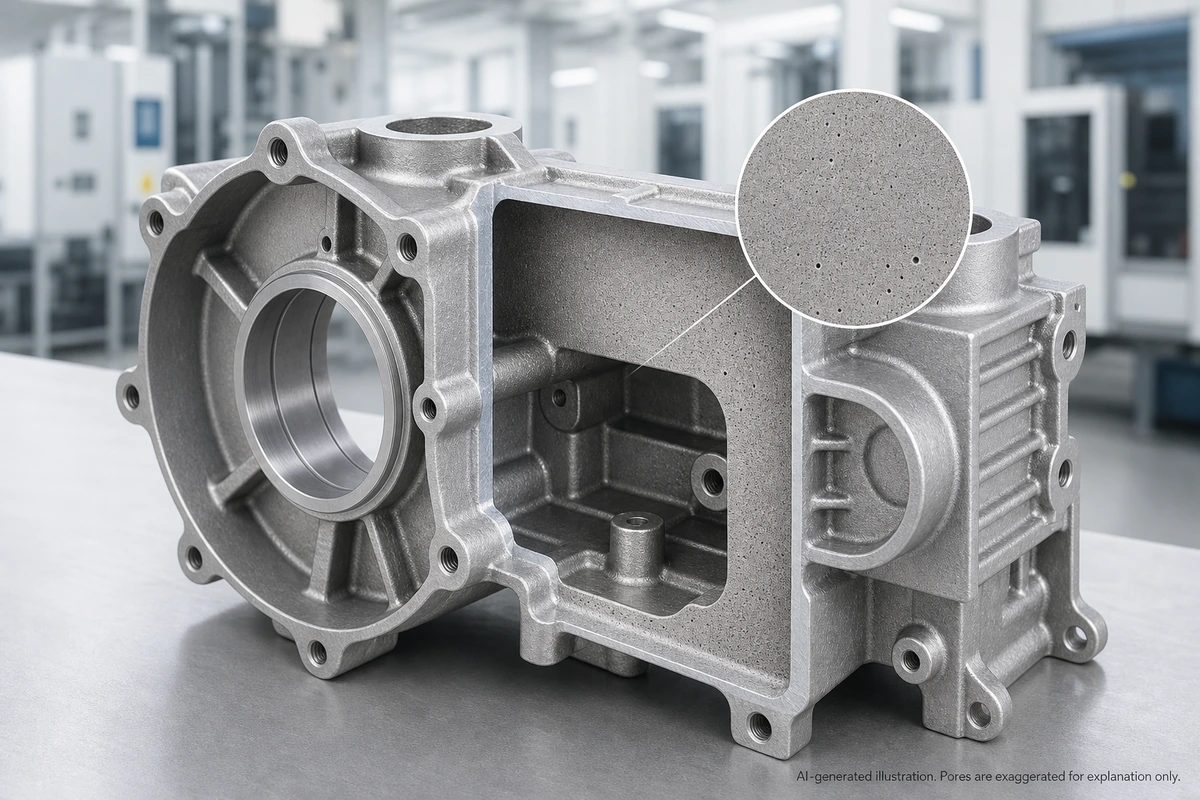 Aluminum HPDC housing cutaway illustration with fine internal porosity for explanation