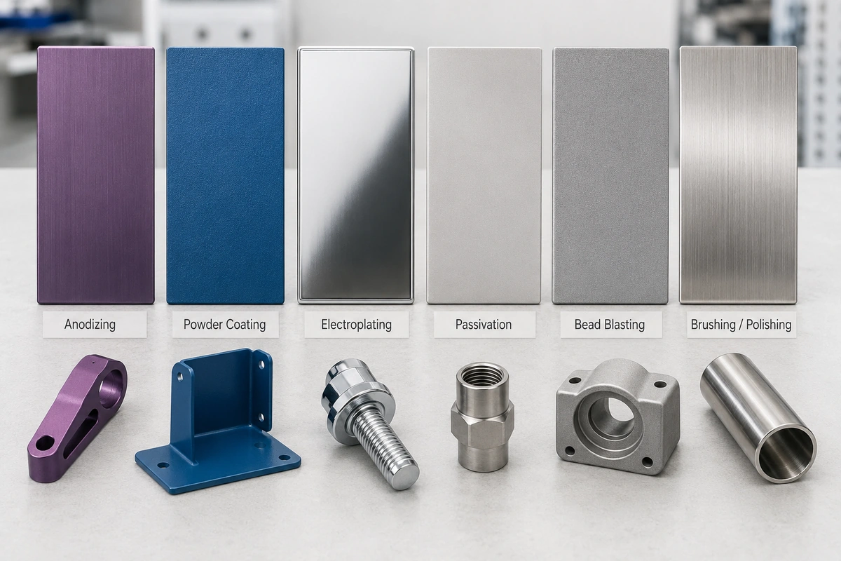 Metal surface finishing processes comparison including anodizing powder coating electroplating passivation bead blasting and brushing