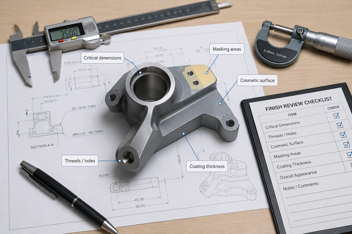 Metal surface finishing RFQ review showing critical dimensions masking areas threads holes and coating thickness requirements