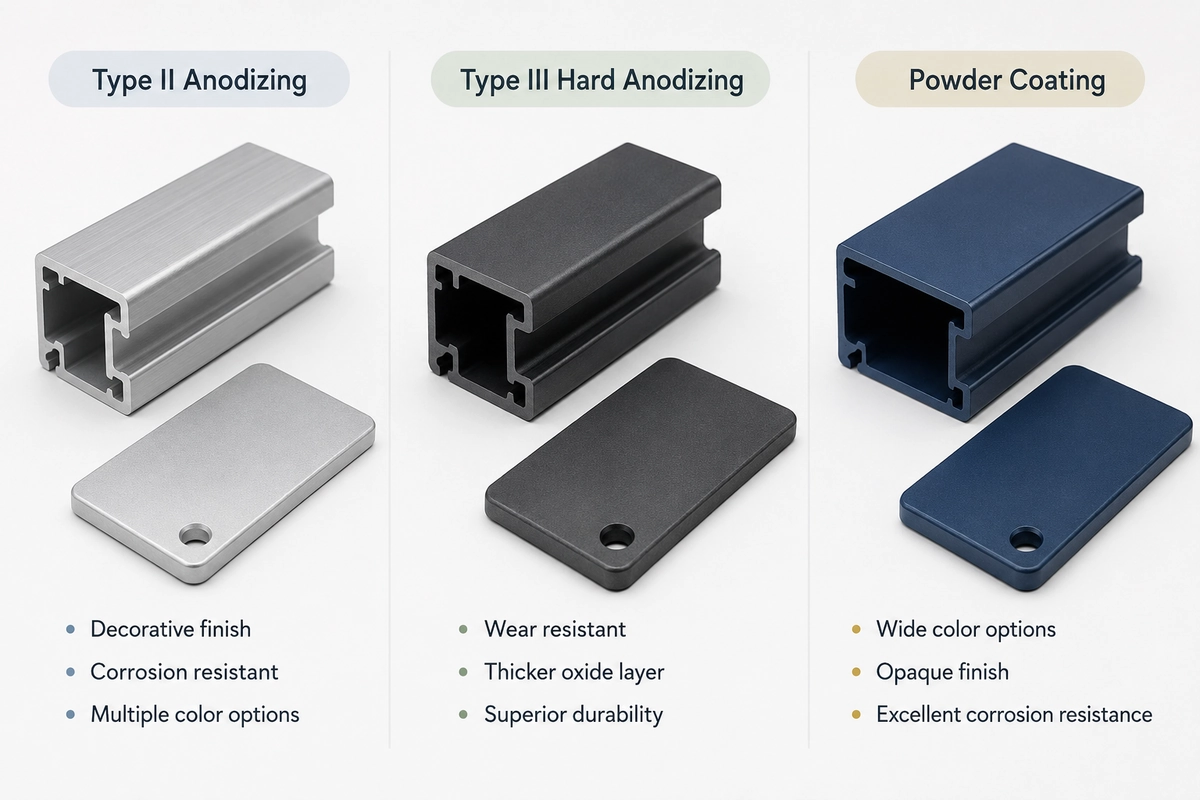 Powder coating vs anodizing surface comparison showing Type II anodizing Type III hard anodizing and powder coated aluminum parts