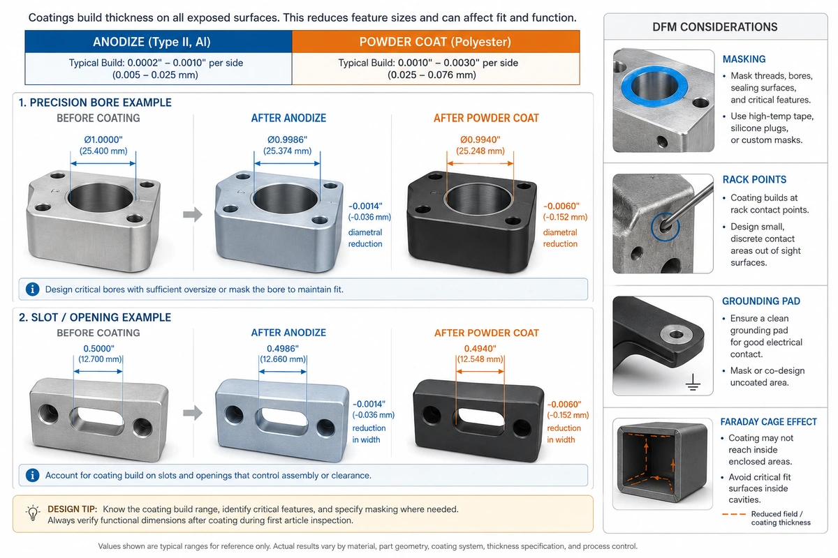 Powder coating vs anodizing DFM analysis showing coating thickness dimensional impact masking rack points and grounding areas