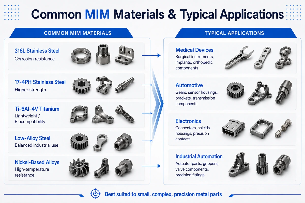 Common MIM materials including stainless steel, titanium, low-alloy steel, and nickel-based alloys with typical medical, automotive, electronics, and industrial applications