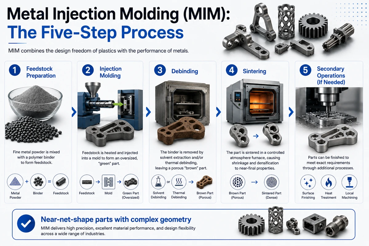 Metal injection molding five-step process from feedstock preparation and injection molding to debinding, sintering, and secondary operations