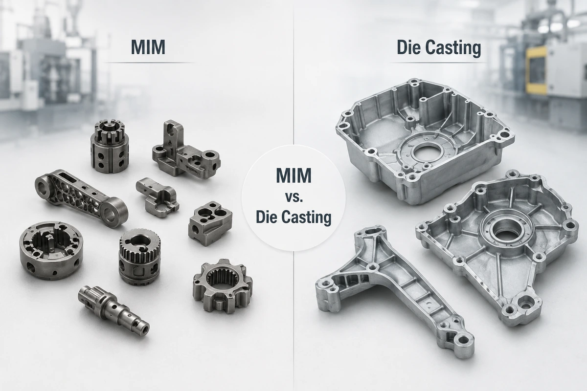MIM vs die casting comparison image showing small complex metal injection molding parts and larger thin-wall die cast components