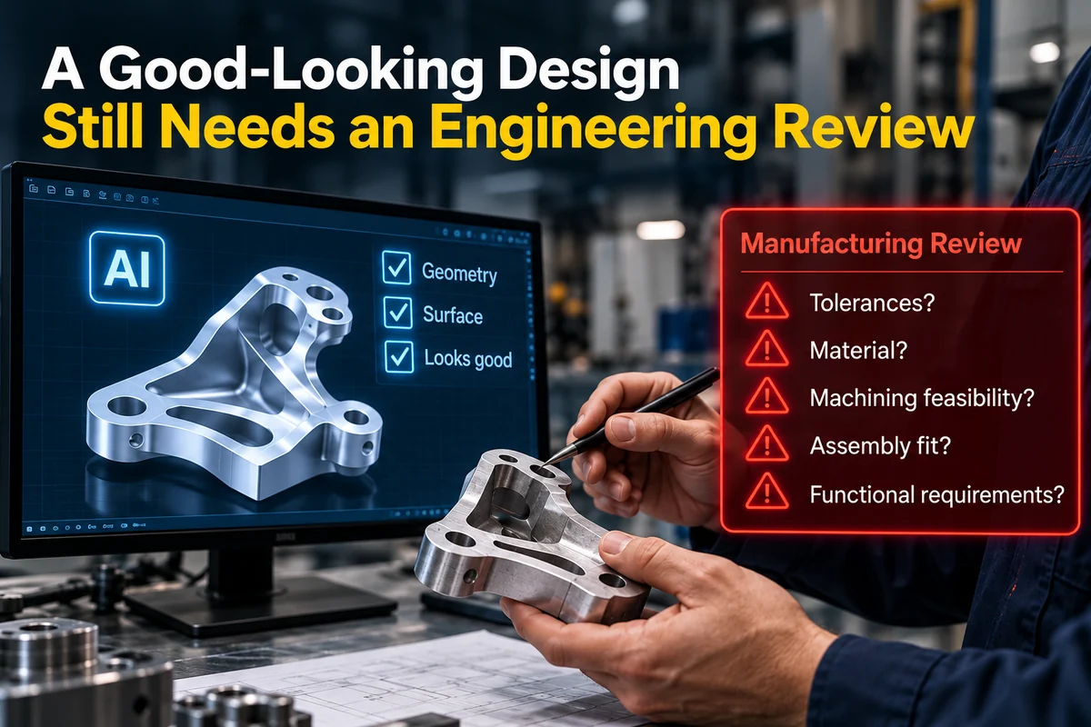 Engineer reviewing an AI-generated metal part design for tolerances, material and machining feasibility