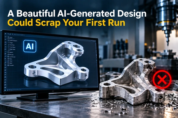 AI-generated design compared with a flawed machined part before manufacturability review