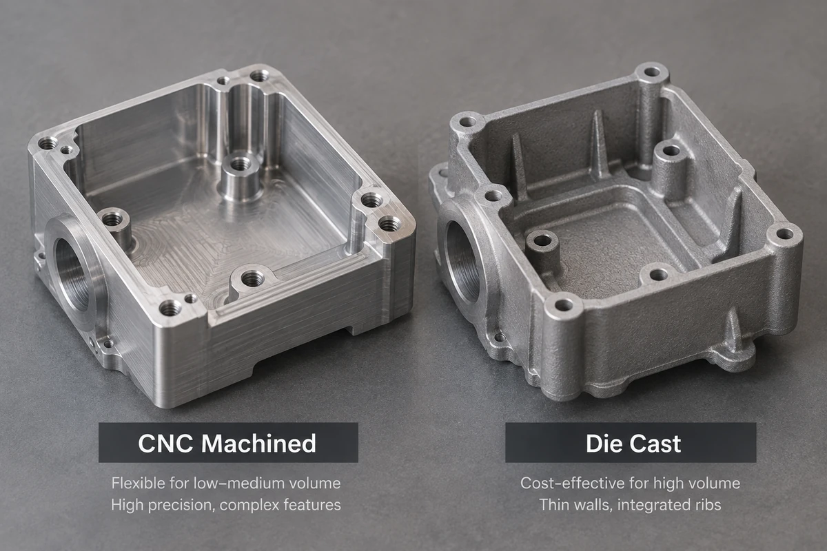 CNC machined vs die cast aluminum housing comparison showing surface finish, precision features and high-volume design differences