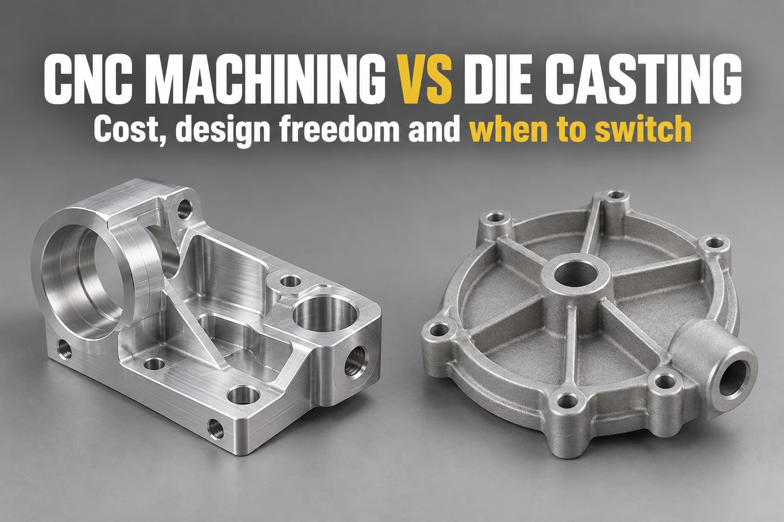 CNC machining vs die casting visual comparison for aluminum parts, showing casting vs machining differences in design freedom and production characteristics