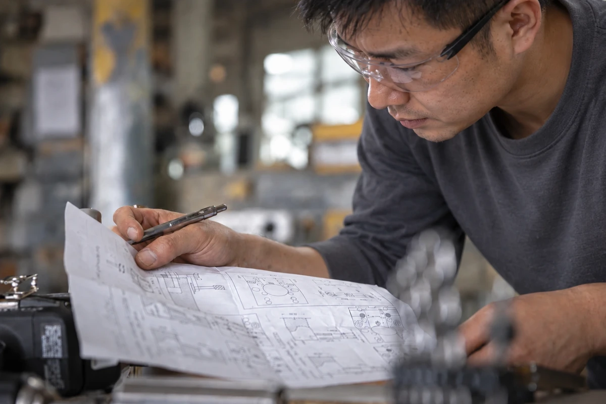 Engineer reviewing technical drawings for a custom metal parts RFQ in a machine shop