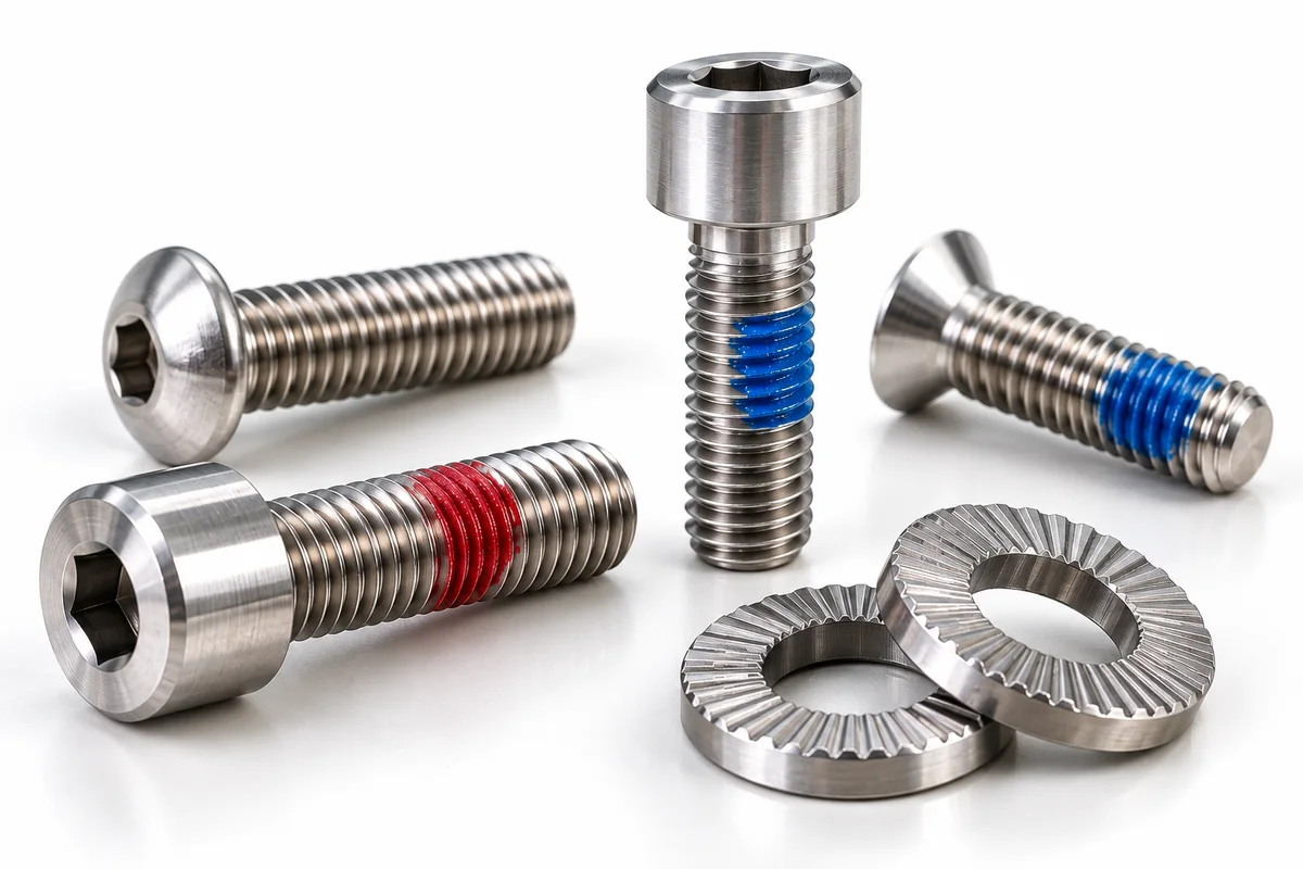 Custom screws with localized thread-locking patches and mechanical locking washers