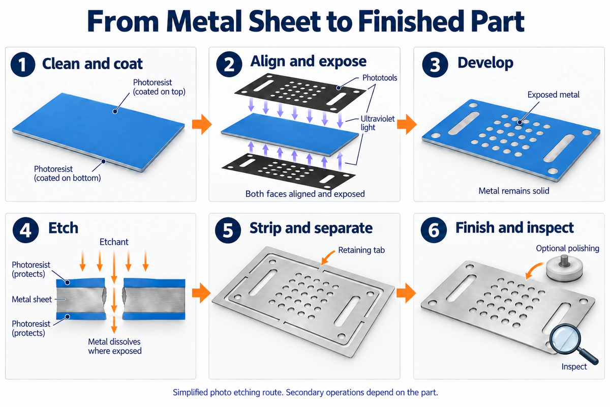 Chemical etching process from resist coating and exposure to etching, separation and finished-part inspection.