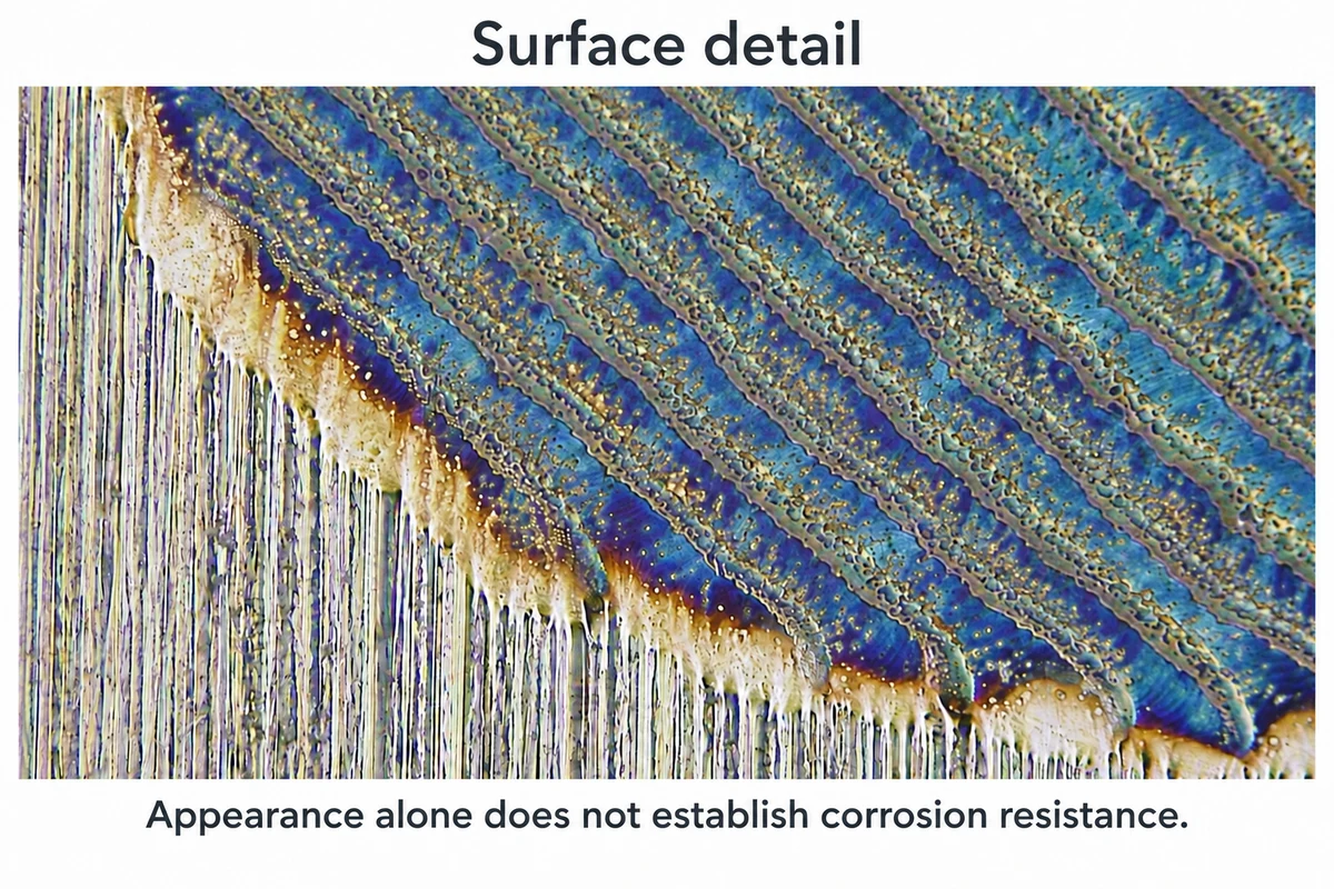 surface detail with fine grooves and colored bands, illustrating corrosion inspection; not measurement data.