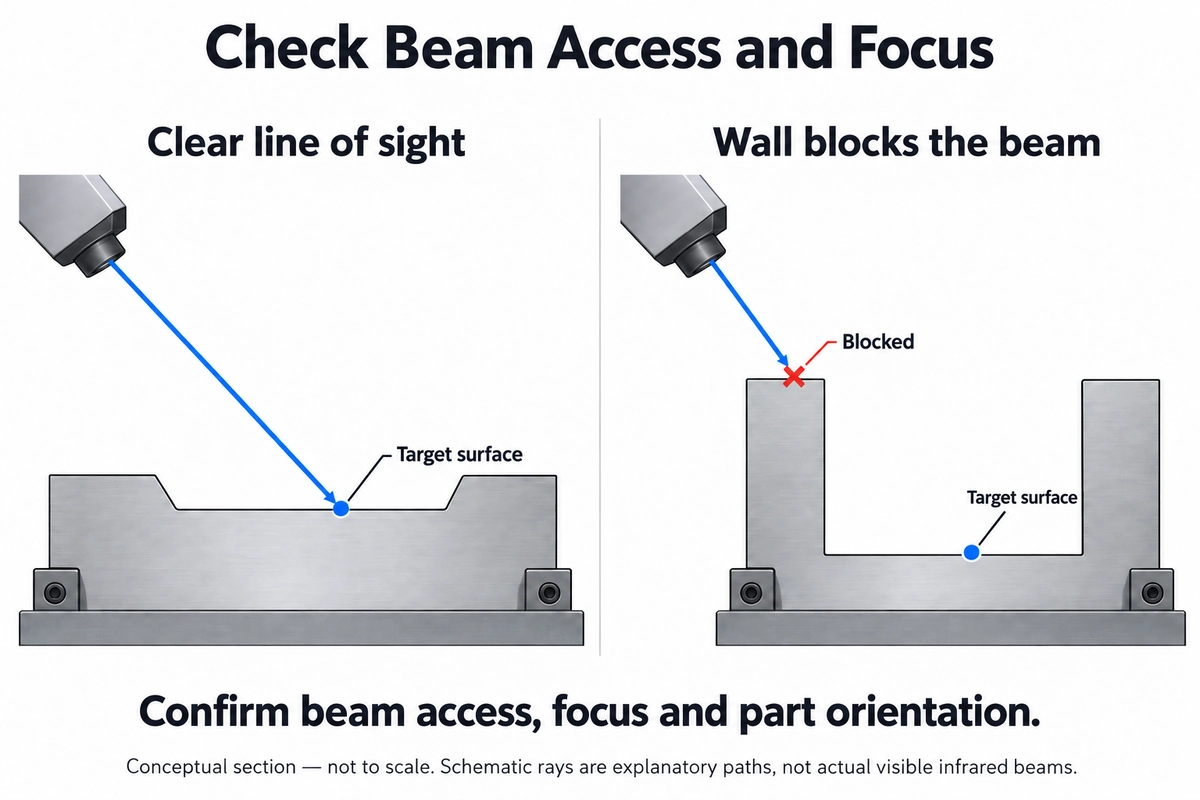 Fiber laser marking beam paths showing an accessible surface and a recessed surface blocked by a wall.