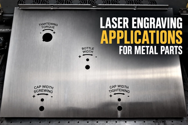 Laser engraving applications on a brushed metal control panel with functional labels, direction arrows and mounting holes.