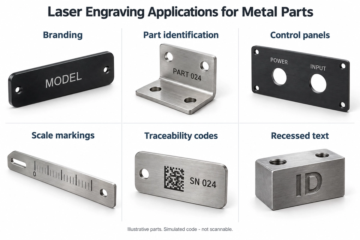 Metal parts showing laser engraving applications for branding, identification, control panels, scale markings, codes and recessed text.