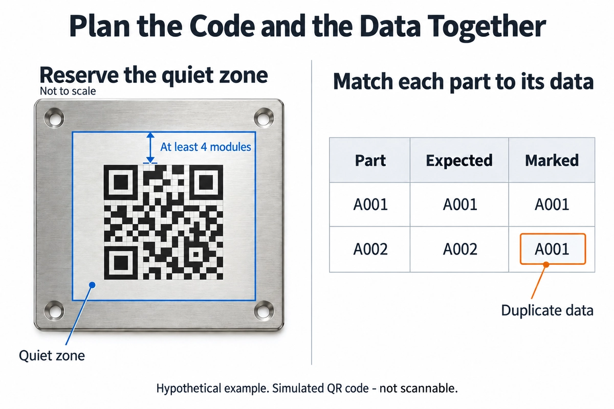 A simulated laser-engraved QR code with a quiet zone, beside a hypothetical data table highlighting a duplicate entry.