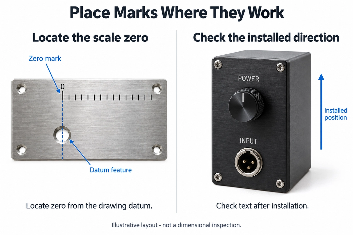 A laser-engraved scale zero aligned with a locating-hole datum, beside upright control-panel labels in the installed position.