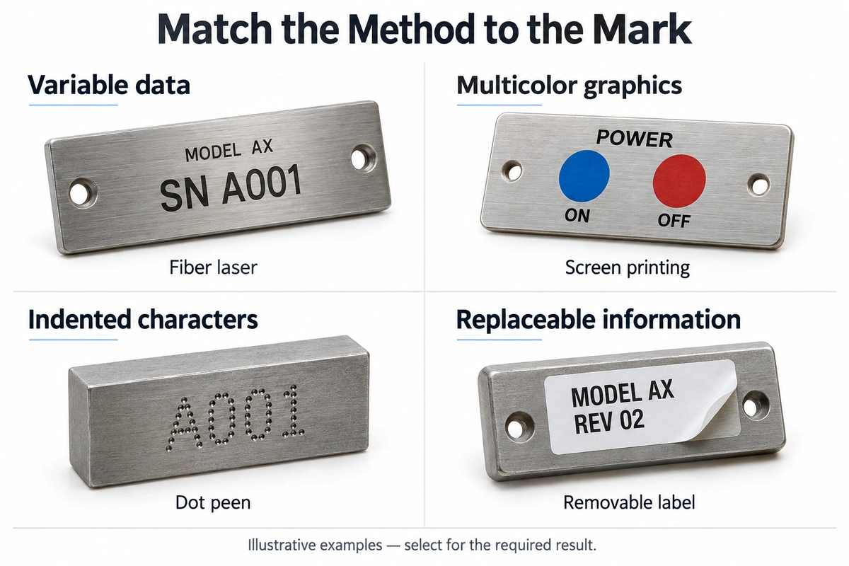 Metal part marking examples comparing fiber laser serial numbers, screen-printed graphics, dot peen characters and a removable label.