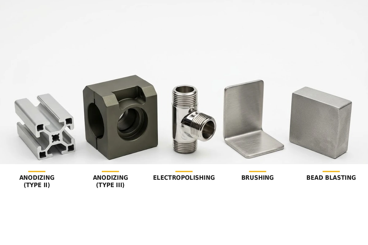 Metal surface finishing processes including Type II and Type III anodizing, electropolishing, brushing and bead blasting