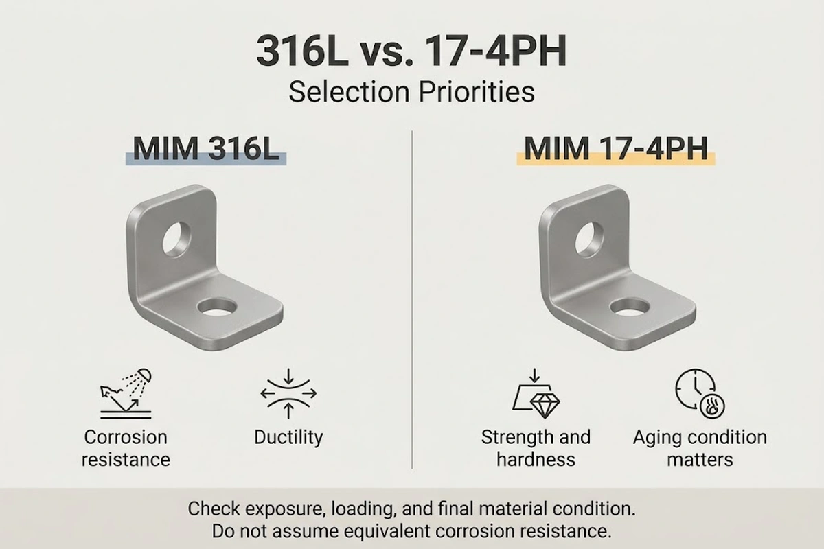 Illustrated comparison of MIM 316L and 17-4PH selection priorities and final material condition.