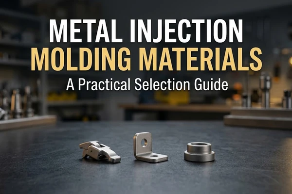 Conceptual metal components on an engineering workbench for a MIM material selection guide.