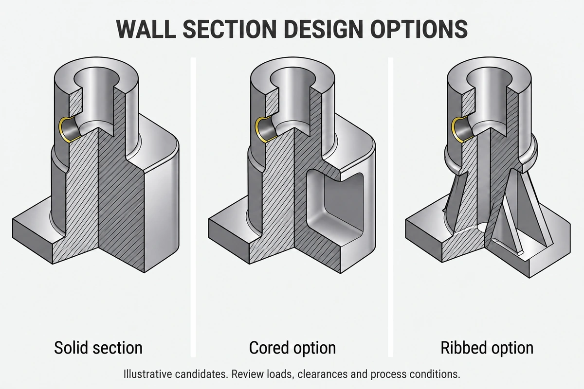 Cutaway illustrations comparing solid, cored and ribbed boss sections in a hypothetical MIM part.