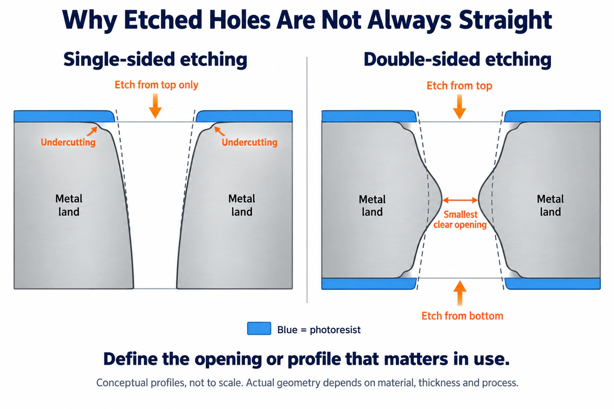 Conceptual hole profiles showing undercutting in single-sided and double-sided photo etching.